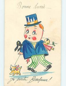 Pre-Linen comic foreign MAN WALKING HIS KITTEN CAT ON A LEASH HL9187