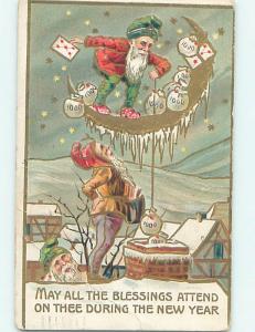 Pre-Linen new year ELF LOWERS MONEY BAGS DOWN THE CHIMNEY HQ8125