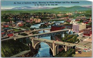 Spokane Washington WA, Air View, Seven Bridges & Five Waterfalls, Postcard