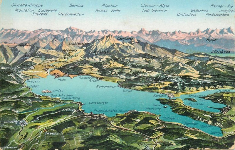 Souvenir Post card Bodensee und Rhein satellite area map