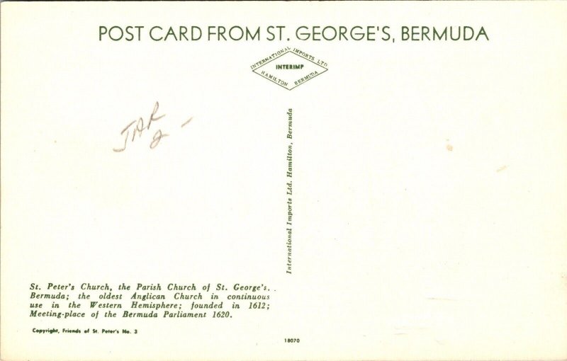St Peters Church Parish St George Bermuda Postcard UNP VTG Unused Vintage 