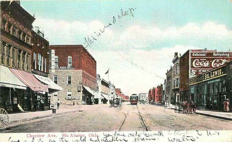 Oklahoma McAlester Choctow Avenue Trolley railroad 1908 Postcard 22-3748