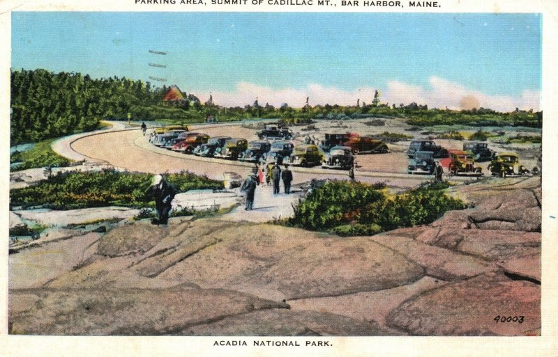 Vintage Postcard 1937 Parking Area Summit of Cadillac Mt. Bar Harbor Maine ME
