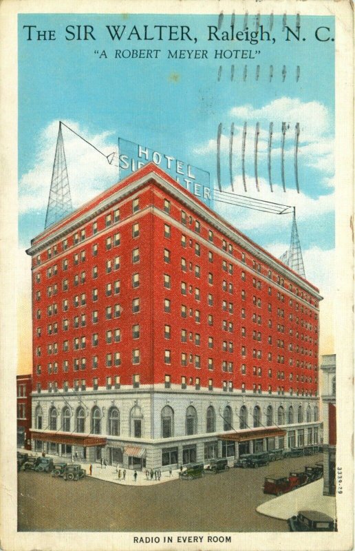 1936 The Hotel Sir Walter, Raleigh North Carolina Vtg Postcard - Rates: $2.50 up