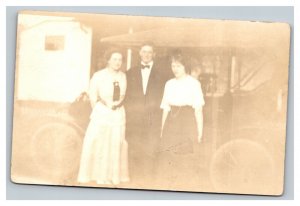 Vintage 1910's RPPC Postcard Two Woman and Man by Antique Auto