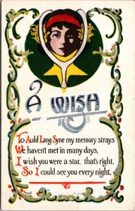 New Years Eve Postcard Woman's Face in Wishbone Auld Lang Syne Poem