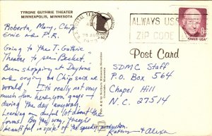 Tyrone Guthrie Theater Minneapolis Minnesota MN Postcard PM Cancel WOB Note VTG  