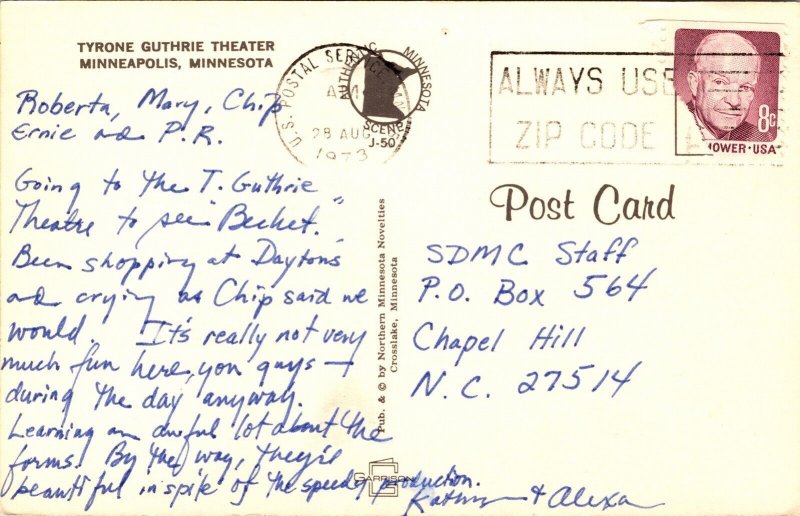 Tyrone Guthrie Theater Minneapolis Minnesota MN Postcard PM Cancel WOB Note VTG  