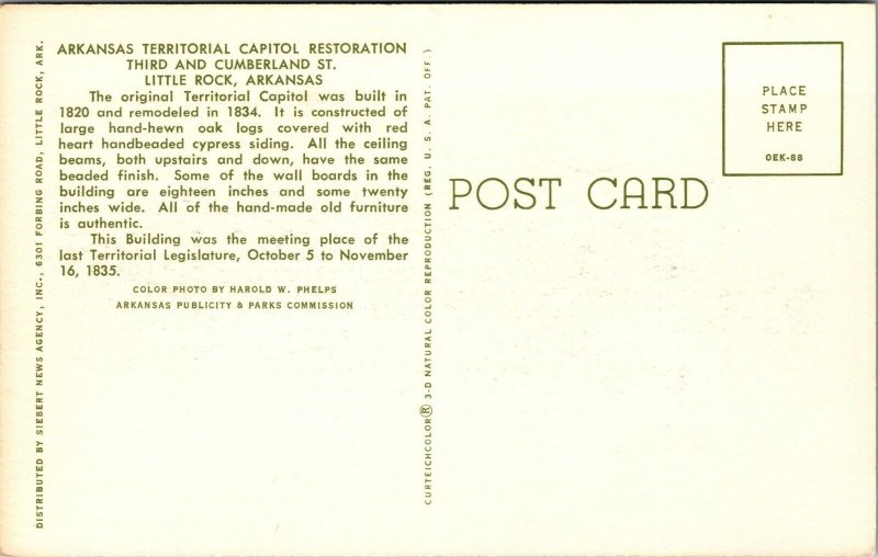 Vtg Little Rock AR Arkansas Territorial Capitol Restoration 1970s View Postcard