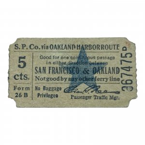 Vintage S.P. Co. Via Oakland Harbor Route, San Francisco Railroad Ticket