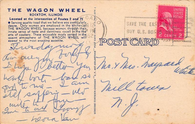 The Wagon Wheel, Rockton, Illinois, Early Linen Postcard, Used in 1952