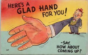 Here's A Glad Hand For You Man Huge Hand Comic Orillia ON Cancel Postcard H40