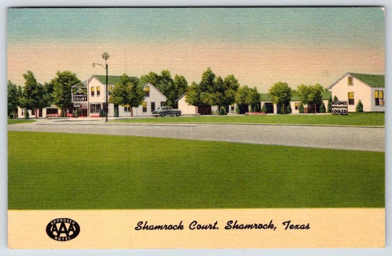 1950's ROUTE 66 SHAMROCK COURT TEXAS ROADSIDE MOTEL LINEN POSTCARD DUNCAN HINES