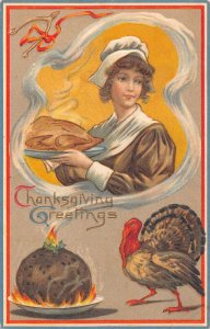 Thanksgiving Greetings 1909 Turkey Cook Lady Smoke Fire embossed postcard B988
