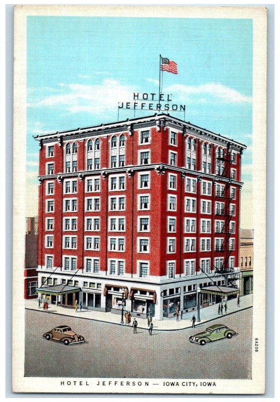 c1950's Hotel Jefferson Building View Restaurant Flag Iowa City Iowa IA Postcard