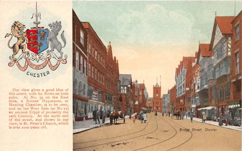 CHESTER UK BRIDGE STREET POSTCARD 1910s WITH CREST & HISTORICAL DESCRIPTION