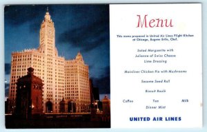 UNITED AIR LINES MENU Advertising CHICAGO WRIGLEY BUILDING Chef Ertle Postcard