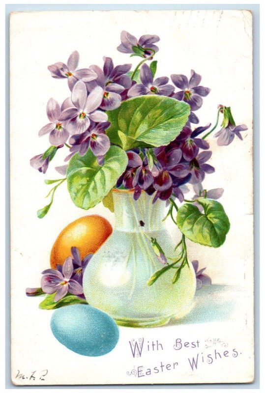 1907 Easter Wishes Pansies Flowers In Vase Eggs Tucks Claremont NH Postcard 