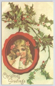 Christmas~Nervous Lil Blonde Girl Chews Hankie~Portrait~Red Oval~Continental PC