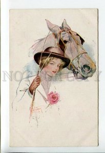 3177361 BELLE Lady & HORSE by Court BARBER vintage Russian PC  