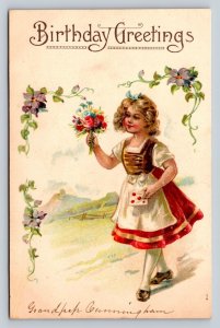 Blond Girl in Red Dress w/ Bouquet Birthday Greeting Embossed VTG Postcard 1185