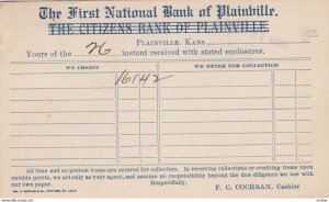 PLAINVILLE , Kansas , 1906 ; First National Bank receipt postcard
