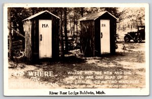 Baldwin Michigan Comic~Ma & Pa Outhouses At River Rest Lodge~1920s Car RPPC