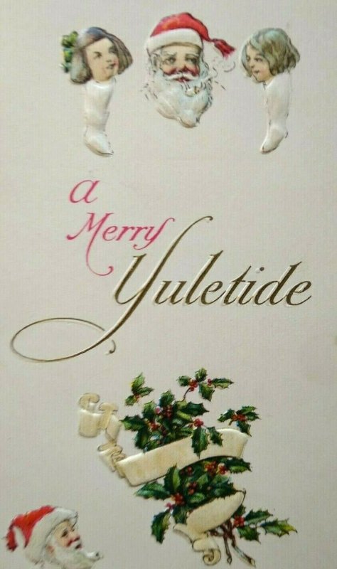 Santa A Merry Yuletide Christmas Postcard Heads Inside Stockings Series C-176