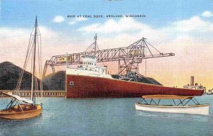 Steamer Ship Coal Dock Ashland Wisconsin 1940s linen postcard