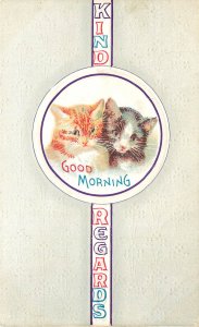 Cat Postcard 802. Vignette Kittens Good Morning Kind Regards Orange Tabby, B/W