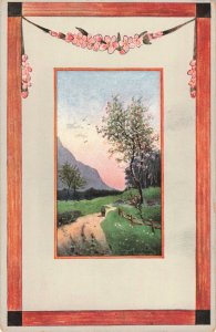 Circa 1907-15 Wood Frame Border Country Path and Flowering Tree Postcard