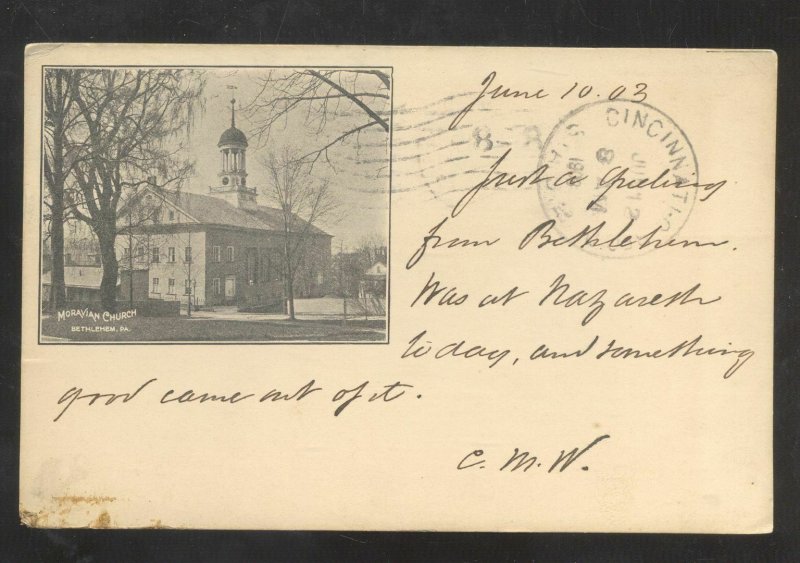 BETHLEHEM PENNSYLVANIA PA. MORAVIAN CHRUCH 1903 VINTAGE POSTCARD PA.