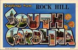 Postcard SC Greetings from Rock Hill York County LARGE LETTER LINEN 1940s S80