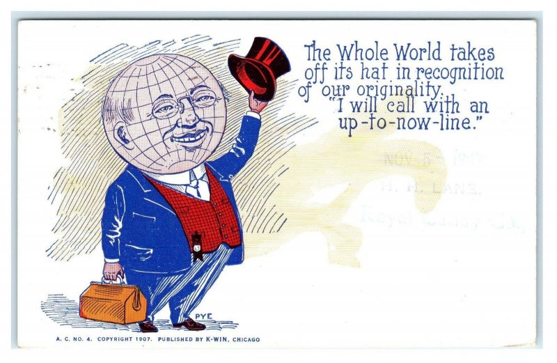 ROYAL CANDY Co. SALESMAN'S 1907 Announcement Postcard Man's Head is a GLOBE 