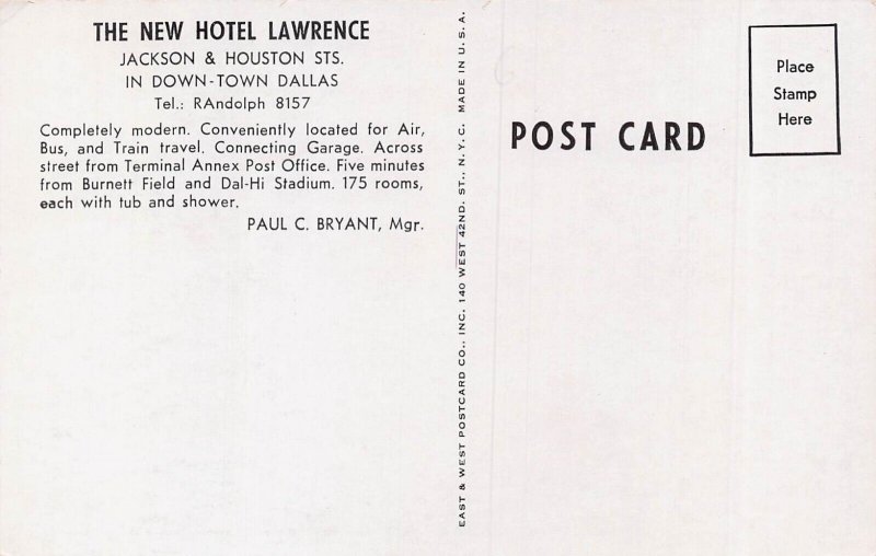 DALLAS TEXAS~HOTEL LAWRENCE~1940s POSTCARD
