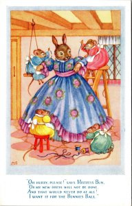 M.S. Artwork Postcard Mice Sewing Dress on Bunny for Ball, Cinderella