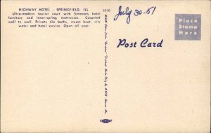 Springfield Illinois IL Highway Hotel c1940s-50s Linen Postcard