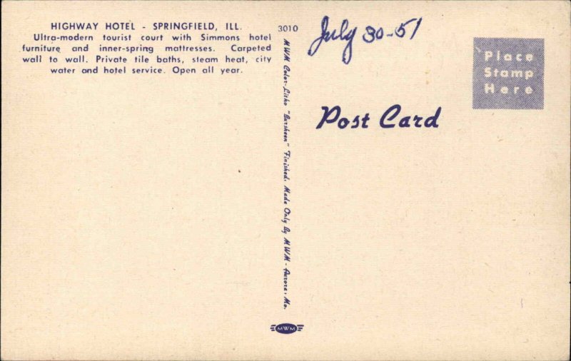 Springfield Illinois IL Highway Hotel c1940s-50s Linen Postcard