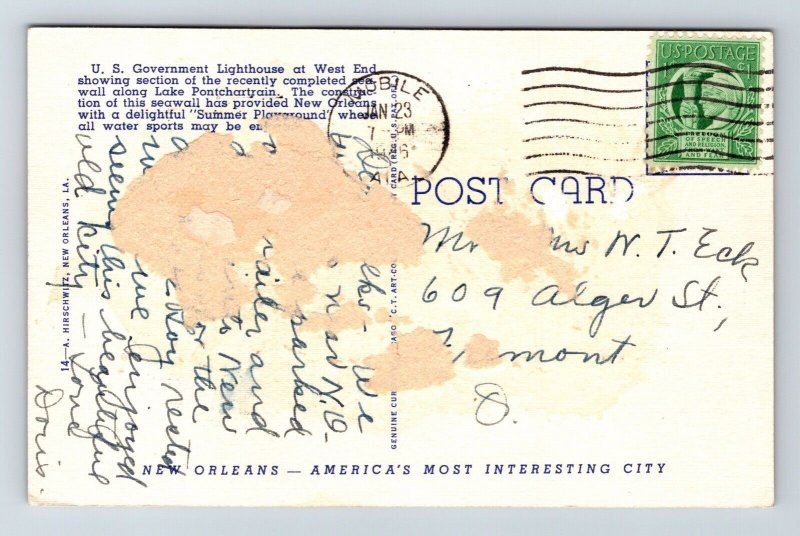 US Gov Lighthouse W End Seawall Along Lake Pontchartrain New Orleans LA Postcard 