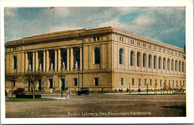 Vtg 1920s Public Library Old Cars People San Francisco California CA Postcard