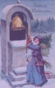 Santa Claus Blue Robe Coat Old World Bell Antique Vintage Christmas Postcard