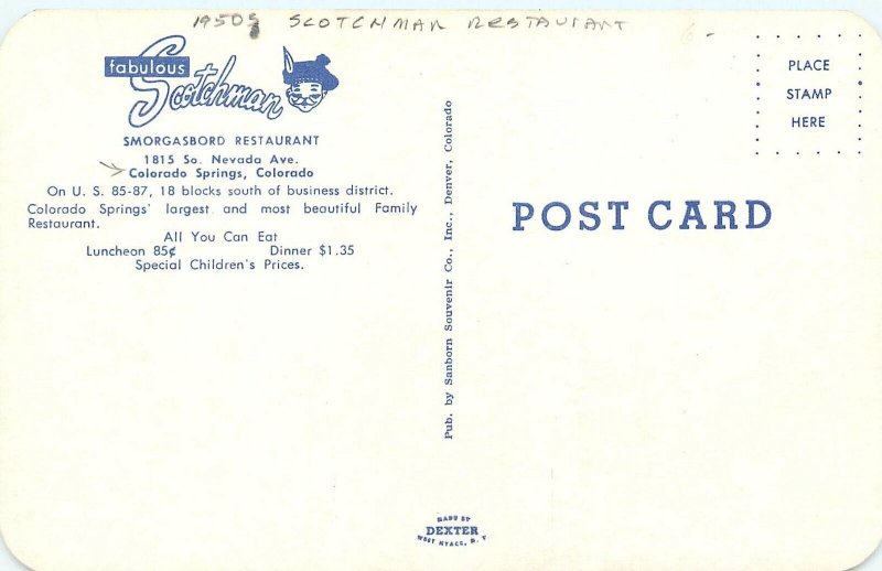 1950s Colorado Springs Colorado Smorgasbord Restaurant Postcard 24-11521