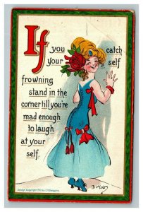 Vintage 1910 Comic Postcard - Woman in the Corner Large Rose in Hair Laughing