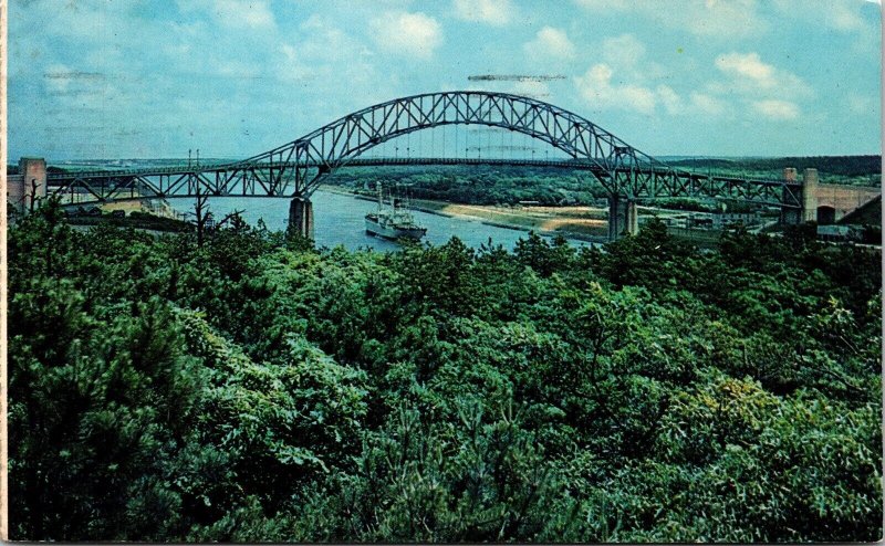 Sagamore Bridge Cape Cod Canal Massachusetts Chrome Cancel WOB Postcard 