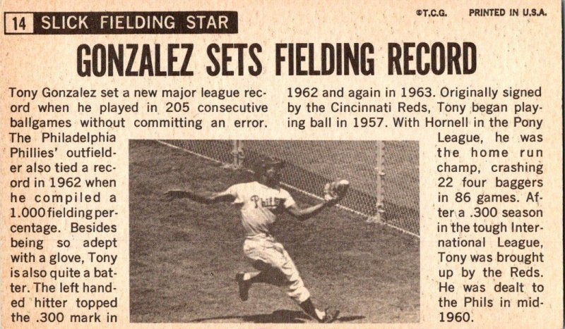 1964 Topps Baseball Card Tony Gonzalez Philadelphia Phillies sk0567a
