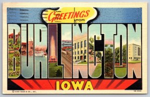 Greetings From Burlington Iowa~PM 1953~Curt Teich Large Letter Linen Postcard