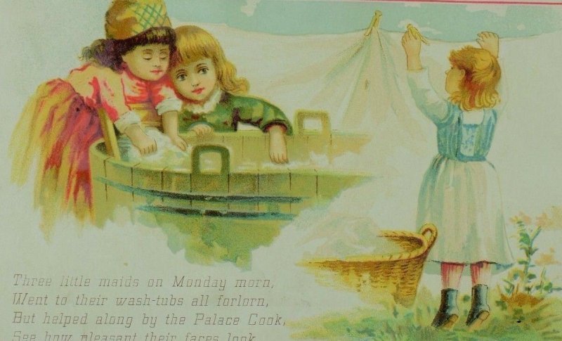 1880's Geele Hardware Co. Palace Cook Poem Adorable Girls Wash Tub Laundry *P