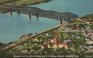 Vintage Postcard Memphis & Harrahan Bridges & US Marine Hospital Tennessee TN