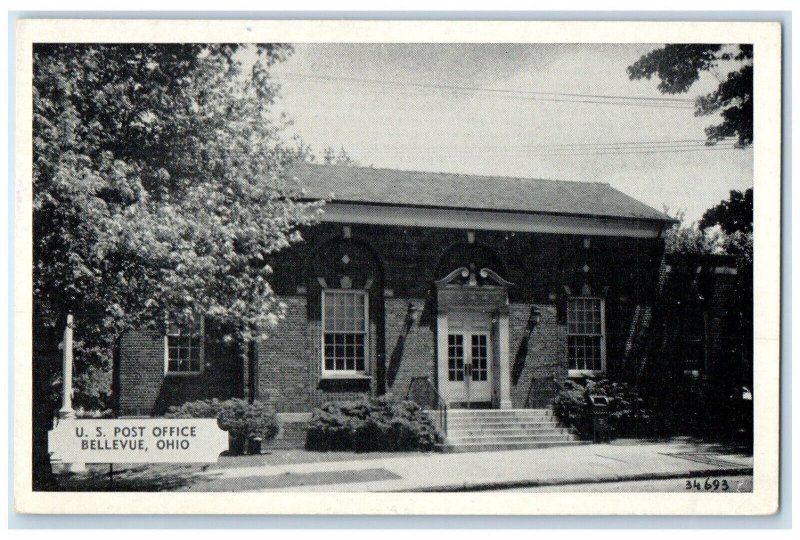 c1940's US Post Office Building in Bellevue Ohio OH Unposted Vintage Postcard