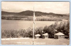 1930's RPPC SUMMER CAMP HA-WA-YA HARRISON MAINE CABINS AMERICAN FLAGS LAKE VIEW